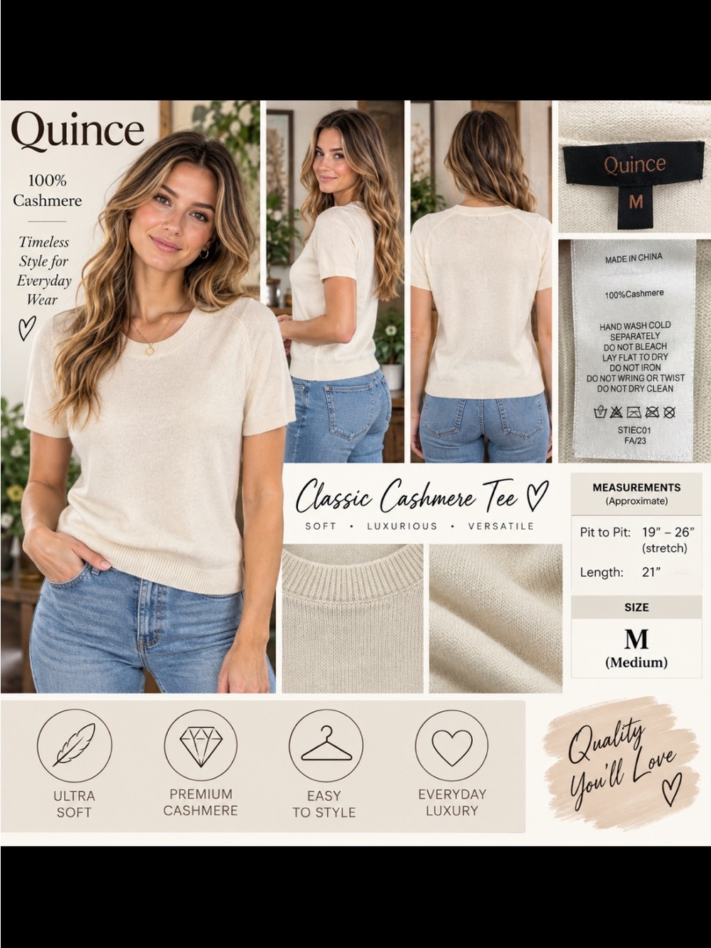 Quince Classic Cashmere Tee - Cream